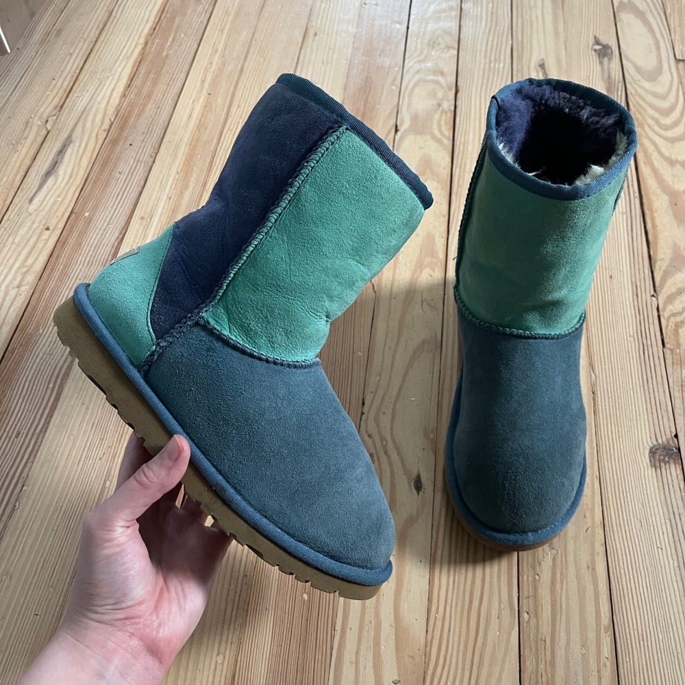 UGG Classic Color‎ Block Blue Teal Suede Shearling Boots Kids Size 5 patchwork